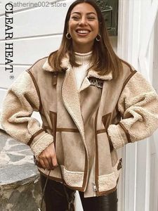 Women's Jackets Women Vintage Fur Faux Leather Lamb Spliced Jacket Female Fashion Turn Down Collar Zippers Pockets Coats 2022 Chic Thicken Coats T231024