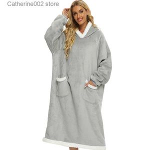 Kadın uyku salonu kış büyük boy hoodies kadınlar sıcak tv battaniye kol pazen peluş peluş kalın sherpa dev kapüşonlu uzun sweatshirt t231024