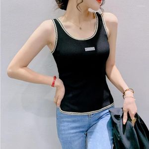 Women's Tanks #5363 Black White Knitwear Camis Women Tight Short Knit Crop Tops Femme Outerwear Sexy Clubwear Elastic Fitness Tank Top