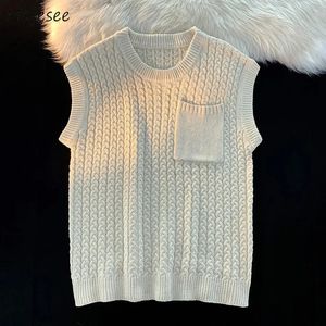 Erkek yelek kazak yelek erkek kış öğrencileri örgü harajuku yuvarlak boyun cepleri yakışıklı rahat sokak kıyafeti unisex s-3xl tiki şık ins 231023