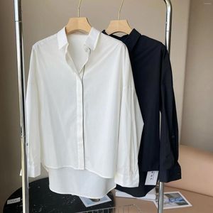 Women's Blouses White Or Black Loose Shirt Beading Decorate Turn-Down Collar Simple Chemise Female Covered Buttons Long Sleeve Blouse