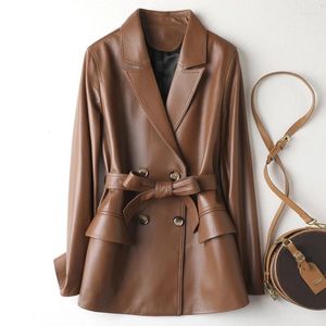 Women's Leather Brown Vintage Sheepskin Blazer Jackets For Women 2023 Lapel Collar Double Breasted Button Ladies Real Coats