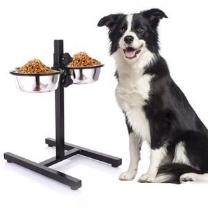 Tigelas para cães Alimentadores Tigela para cães Ajustável em pé Tigela para animais de estimação Tipo de chão Alimentador para cães Tigela dupla de aço inoxidável Alimentador para animais de estimação de quatro patas Acessórios Dod 231023