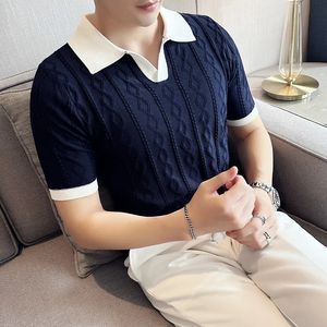 Camisas casuais masculinas roupas masculinas luxo malha polo camisa casual listrado botão para baixo cor sólida manga curta t-shirt para homens respirável S-3XL 231021