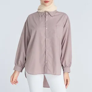 Ethnic Clothing Ramadan Party Elegant Middle East Muslim Abayat Kaftan Solid Top Pocket Decoration Women's Basic Long Sleeve Shirt For