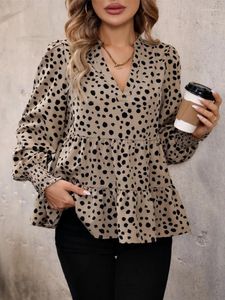 Kvinnors blusar Benuynffy Women Leopard Print Ruffle Hem Smocked Tops Fashion Fall V Neck Long Sleeve Loose Casual Babydoll Blouse Shirt