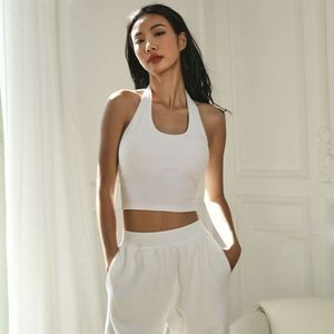 Lu Lu Lemen Yoga t-shirt kvinna tee toppar u-hals hängande nacke halter sexig rygglös tank top kort fit open rygg mångsidig botten topp beskuren feminino springande atletisk