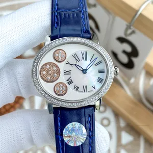 2023 relógio feminino mais vendido tamanho 35,8 mm movimento de quartzo relógio de couro da moda oval com conjunto de concha de aço 316 vidro de safira moldura de diamante relógio feminino