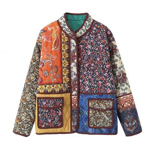 Wełniane mieszanki damskiej Jenkye Kobiety Patchwork Kwiatowy nadruk wyściełany płaszcz z kurtką z długim rękawem Kieszenie Kobietowe Vintage odzież wierzchnią 231023