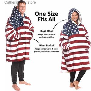 Women's Sleep Lounge American Flag Hooded Blanket Man Women Gift Winter Sherpa Sweatshirt With Sleeves Sofa TV Nap Blanket Pocket Wearable Pullover T231024