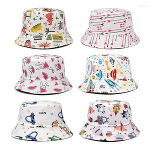 Berets Sommer Fischer Hut Reversible Cartoon Eimer Hüte Für Frauen Männer Hip Hop Cap Vintage Gedruckt Angeln