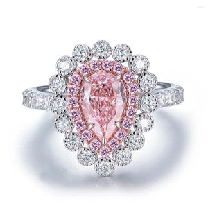 Cluster-Ringe, luxuriöser rosafarbener Moissanit-Hochzeits-Verlobungsring aus massivem Weißgold für Frauen mit Zertifikat