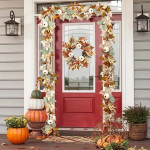 Faux Floral Greenery 1.8/2.7M Autumn Maple Leaf Pumpkin Berries Garland Artificial Autumn Fall Mantle Fireplace Thanksgiving Decorations Hanging Vine 231023