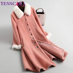 Misturas de lã feminina TESSCARA Mulheres Inverno Elegante Mistura Básica Jaqueta Casaco Feminino de Alta Qualidade Mink Real Fur Collar Casacos Casacos 231023