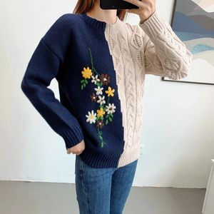 Women's Sweaters Lazy Oaf Pullover Sweater Women Flower Contast Color Patchwork Embroidery Coarse Needle Knitted Loose