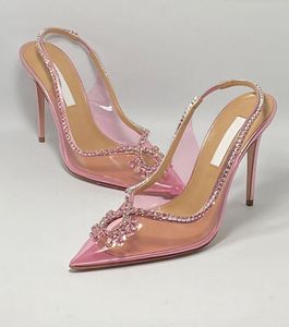 2023 lyxiga kvinnor klackar aquazzura förförelse sandaler kristall-embelled läderpumpar trims pvc rosa pumpar klänning brud bröllop lady sling tillbaka höga klackar 35-43
