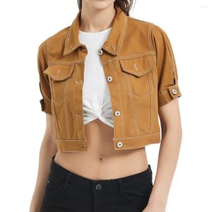 Women's Jackets Brown Denim Shirt Office Lady Short Sleeve Polo Blouse 2023 Summer Korean Fashion Vintage All-Match Crop Tops Female