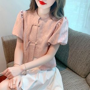 Women's Blouses Chinese Style Improved Cheongsam Top For Women Chic Jacquard Lace-up Button Female Elegant Pink Puff Sleeves Casual Blouse