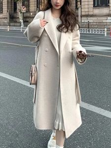 Misto lana da donna Moda coreana Cappotto di lana sciolto casual Cappotto lungo elegante e chic solido con mantello caldo femminile con cintura 231023