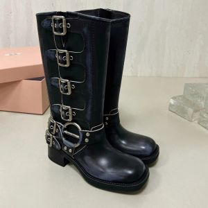 Designer Boots Women Harness Belt Buckled Cowhide Leather Biker Knee Boots Chunky Heel Zip Knight Boots Fashion Square Toe Ankle Booties