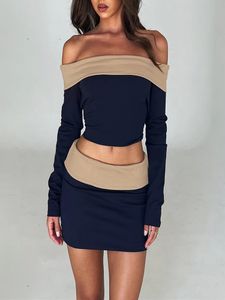 Dwuczęściowa sukienka kobiety swobodne 2 sztuki sukienkę Zestaw Silka z długim rękawem Naszyka z kratszki Topy Slim Bodycon Mini spódnice Streetwear Y2K Daily 231023