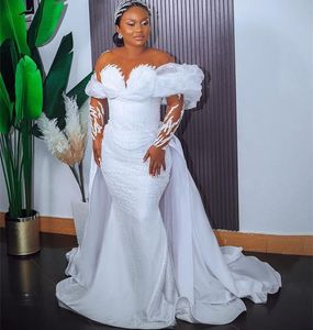 OKT ARABIC ASO EBI Plus Size White Mermaid Wedding Dress Paljett LACE LACTACHABLE Train Brudklänningar Klänningar ZJ0443 407