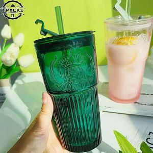 Mugs Milk Cup Green Goddess Model Water Glass With Lid and Straw Transparent Bubble Tea Coffee Drinkware Dessert 231023