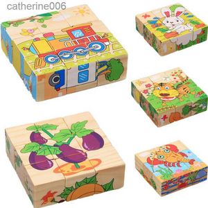 Łamigłówki drewniana puzzle zwierząt zabawki dla dzieci 6 boków mądrość Jigsaw Early Education Uczenie się zabawek tangram dla dzieci gra 9pcs single 3D Puzzlel231025