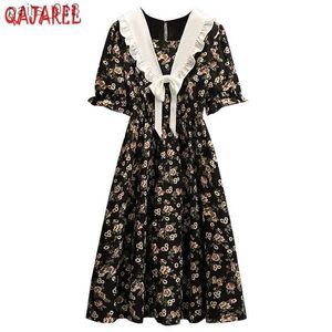 Grundlegende Casual Kleider Frauen Schwarz Floral Chiffon Bogen Rüschen Puppe Kragen Midi Kleid 2023 Koreanische Vintage Summe Elegante Bodycon Party YQ231025