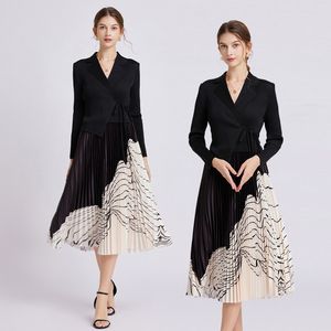 Women Designer Midi Long Sleeve Dress Blazer Neck Lace Up Slim Black Pleated Dresses Robe 2023 Autumn Winter Vacation Runway Elegant Print Fit Party Ladies Frocks