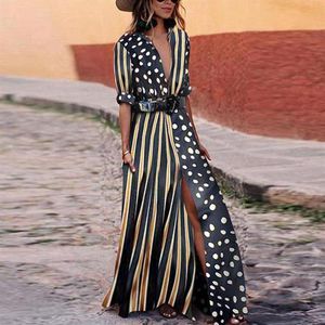 Womens Designer Dresses Vintage High Split Party Shirt Dress Women T-Shirt Long Maxi Dress Plus Size Boho Half Sleeve Swing Dots D205O