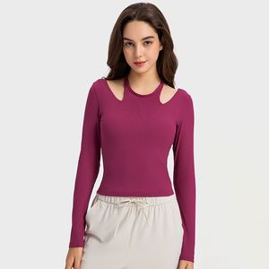 L-w027 Geripptes Sweatshirt mit hängendem Hals, Tanz- und Yoga-Oberteile, weich auf der Haut, langärmlige Hemden, elastische, schnell trocknende T-Shirts, schmal geschnittenes Laufshirt