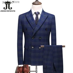 Ternos Masculinos Blazers (Jaqueta + Colete + Calça) S-5XL Marrom Retro Xadrez Terno Primavera e Outono Estilo Britânico Mens Terno Noivo Vestido de Noiva Clássico 3 Pcs Q231025