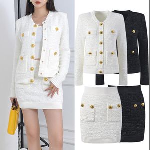 Xiaoxiang B Temperament Aging Reducing Wool Coat for Women's 23 Summer New Tweed Round Neck Long Sleeve Short Coat Half Skirt Two Piece Set