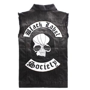 Skull Biker Vest Mens Punk Patches Patchwork Denim Vest Skeleton broderi Slim Fit Waistcoat Black Hip Hop205j