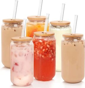 US/CA Warehouse 2 Days Delivery 16oz Sublimation Glass Mugs Clear Frosted Can Shaped Tumblers With Bamboo Lid 0515