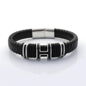 12MM Wide Braided Retro Genuine Leather Bracelet For Men Stainless steel H Bead Bracelets with Magnet Clasp190I