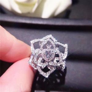 Sparkling Handgjorda lyxsmycken 925 Sterling Silver Round Cut White Topaz Cz Diamond Promise Party Women Wedding Rose Flower Ban278K