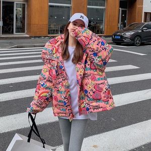 Women's T Shirts 2023 Winter Graffiti Down Padded Coat Female Korean Version Loose Bf Hooded Ins Bread Suit Tide