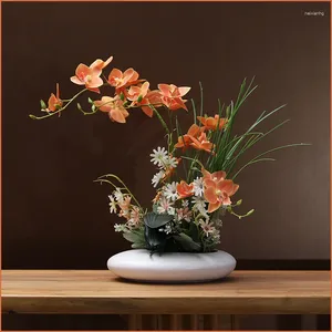 Estatuetas decorativas moderno vaso de cerâmica orquídea simulação flor casa sala mobiliário artesanato mesa café decoração falsa