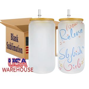 US CA Stock 16 unz sublimacja kubki mogą ukształtować kubki Clear Frosted Blanks Bamboo pokrywka butelki do DIY 0304
