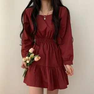 Vestidos casuais sólido vermelho mulheres primavera 2023 luxo outono cintura alta coreano elegante festa mulher vestido puff manga mini vestido feminino