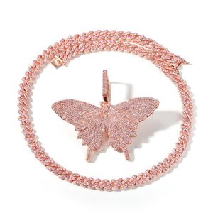 Hip Hop Rose Gold Butterfly Pendant Halsband Pink Cuban Link Chain Tenniskedja för män Kvinnor Iced Out Cubic Zircon Fashion Jewel2478