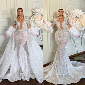 Sexy White Wedding Dresses Luxury Wedding Gowns Deep V Neck Full Sleeve Customized Bridal Gown Removable Overskirt