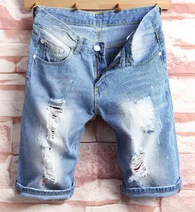 Erkek şort Jean denim nedensel moda sıkıntılı şort paten tahtası jogger ayak bileği yırtık dalga