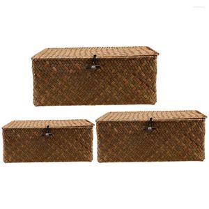 Storage Bags 3 Pcs Woven Baskets Lids Makeup Organizer Packing Box Decorative Portable Case Seaweed Large Wicker Desktop Toy Sundry