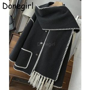 Women's Wool Blends Donegirl 2024Autumn Winter Women Fashion Woolen Coat Tassel Scarf Vintage Solid Simple Temperament Tops Overcoat Female Chic 231024