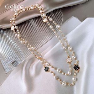 Avancerad koreansk stil liten doft Pärltröja kedja Långt mode Multi-Layered Camellia Pearl Necklace Women's Accessories Elegant