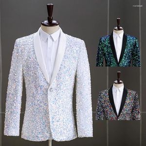 Mäns kostymer paljetter män passar jacka vit grön scen prestanda värd bröllop fest manlig blazer singel knapp mode casual man rockar