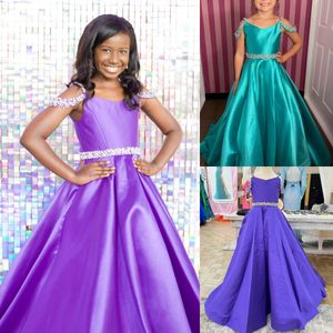 Purple Girl Pageant Dress 2024 Crystal Straps Little Kid Birthday Formal Party Gown Infant Toddler Teens Preteen Tiny Young Junior Miss Jade A-Line Floor-Length Jade